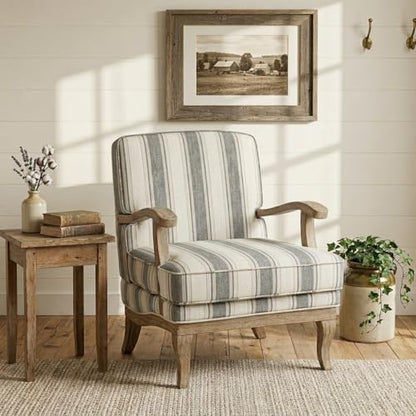 HULALA HOME Farmhouse Striped Accent Chair with Solid Wood Legs, Dark Grey | Comfy Upholstered Patterned Armchair with Curved Armrests, Removable Cushion, for Living Room Bedroom Reading - color: Dark Grey