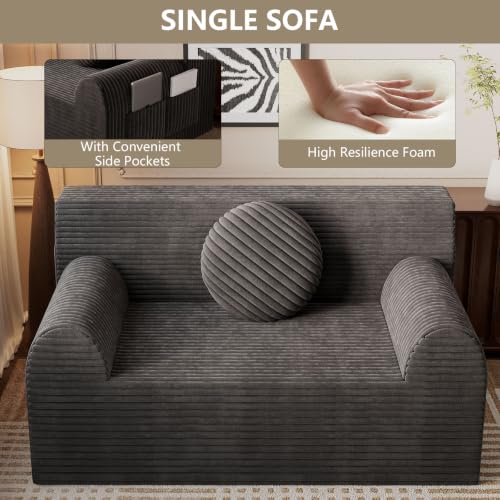 42" Boneless Oversized Chair with Side Pocket, Sofa Small Single Couch in a Box, Deep Seating Boneless Chair for Bedroom Living Room Office Apartment, No Assembly, Dark Grey - color: Dark Grey, size: 42'' Style 3