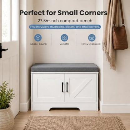 DUMOS 28" Shoe Storage Bench, Entryway Shoe Organizer Cabinet with Padded Seat Cushion, Adjustable Shelf and 2 Doors, Compact Storage Bench for Small Spaces, Hallway, Bedroom, Living Room, White - size: 28 inches