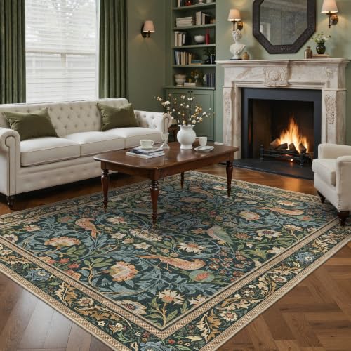 GENIMO 6X9 Blue Green Area Rug for Living Room, Washable Non Slip | Blue Green Boho Bird Floral Rug for Bedroom and Dining Room, Soft Low Pile Polyester Area Rug, Easy Care, Non-Shedding - color: Blue Green, size: 6' x 9' (Rectangular)