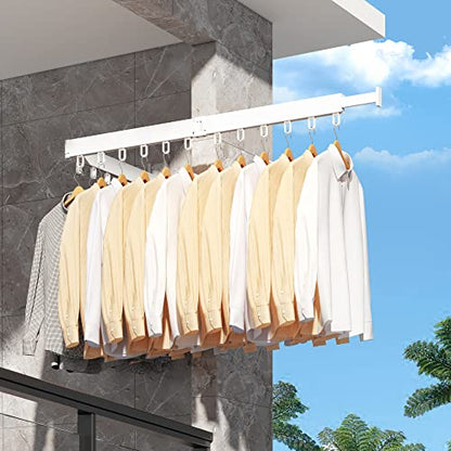 HEILAIYI Clothes Drying Rack,Laundry Drying Rack,Wall Mounted Clothes Rack,Laundry Rack Wall Mount,Folding Retractable Collapsible Drying Rack Clothing (Three-Poles,Loop Hooks,White) - size: White/Loop-Shape Hooks