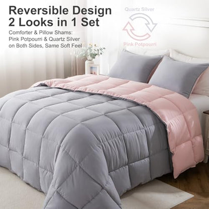 KASENTEX Queen Comforter Set – Reversible Dual Color – Goose Down Alternative – Ultra-Soft, Lightweight, Machine Washable, Maintain Fluffiness, All Season Warmth (Pink Potpourri/Quartz Silver) | 250 GSM Fill, Ultra-Soft, Lightweight, Machine Washable, 1 C