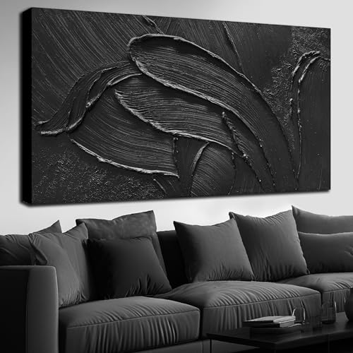MDHKVPM Extra Large Black Abstract Painting Wall Art 3D Hand Painted Decor | Huge Wall Picture For Living Room, Hand Painted Oil Painting On Canvas, Minimalist Home Office Decoration 36 x 71 Inch - color: Black, size: 71"L x 36"W