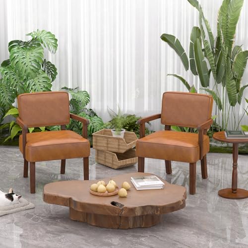 Accent Chairs Set of 2, 2 Solid Wood Armchairs with Side Table | Faux Leather Chair with Soft Thicken Cushion, Comfy Reading Chair for Bedroom, Waiting Room, Home Office, Easy Assembly - color: Faux Leather Brown, size: Set of 2 with table