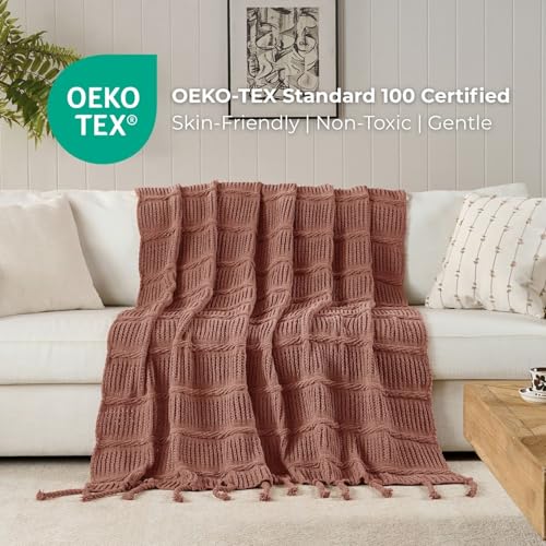 Boho Knitted Chenille Blanket with Tassels - Lightweight & Soft All-Season Throw - 3D Classic Pattern for Living Room Bedroom Couch, Clay Brown, Throw 50"x60" - color: Clay Brown, size: Throw