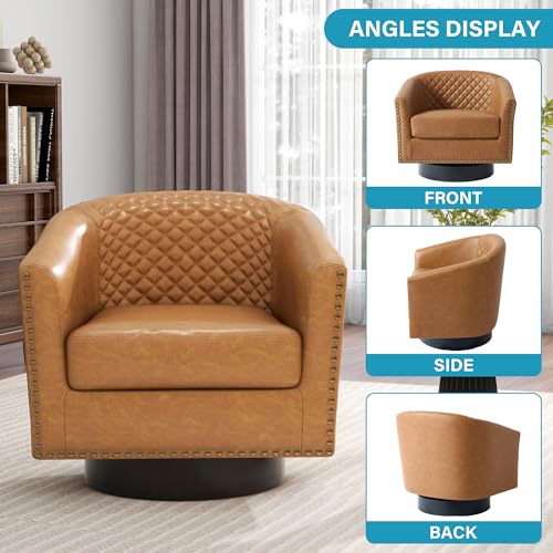 Faux Leather Swivel Accent Chair, Modern Barrel Club Armchair, Coffee | Comfy Living Room Chair, Modern Nailhead Trim Round Armchair Bedroom Reading Seat with Removable Cushion, Wood Frame - color: Retro Coffee