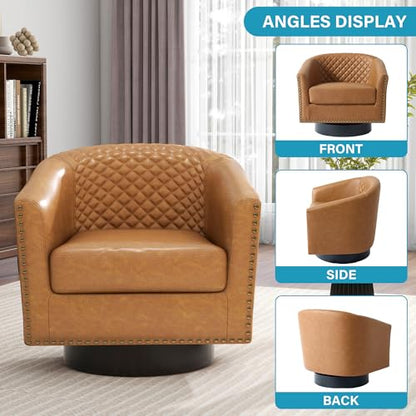 Faux Leather Swivel Accent Chair, Modern Barrel Club Armchair, Coffee | Comfy Living Room Chair, Modern Nailhead Trim Round Armchair Bedroom Reading Seat with Removable Cushion, Wood Frame - color: Retro Coffee