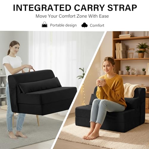 Convertible Folding Sofa Bed Mattress with Pillow & Side Pocket, Plush Fabric Floor Mattress Couch Bed, Washable Cover, Twin Size, Black - color: Plush Black, size: Twin Size