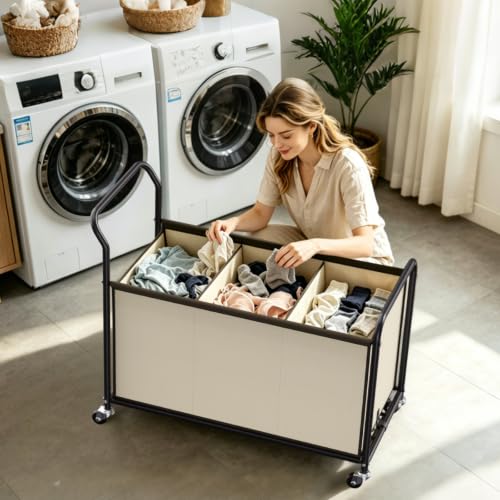 3-Section Rolling Laundry Hamper, 40 Gal (150L) Laundry Sorter Cart with Metal Frame, Fabric Baskets, Wheels, Heavy Duty Clothes Hamper for Laundry Room, Bedroom