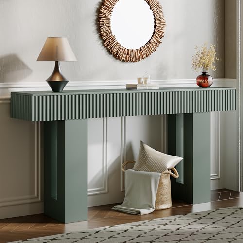 63-Inch Long Entryway Console Table with a Fluted Design, Thick Wood Farmhouse Sofa Table Behind Couch, Narrow Hallway Accent Table for Living Room, Foyer, Entrance,Green - color: Green, size: 63 Inch