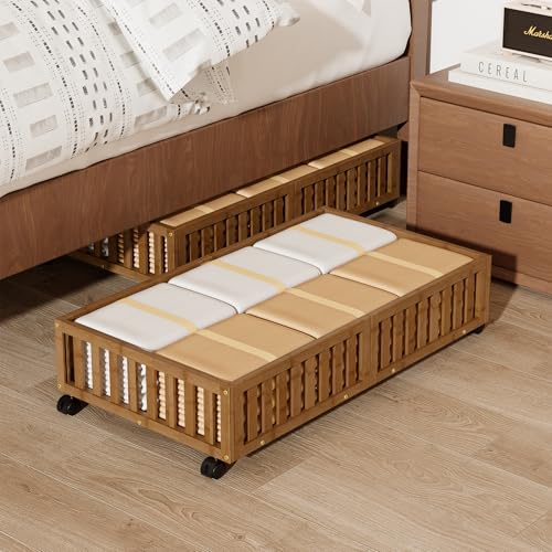 Under Bed Storage with Wheels, 2 Pcs Bamboo Drawers for Clothes and Toy | 360° wheels glide smoothly. Sturdy bamboo frames hold clothes, shoes, bedding and toys. Easy pullout access keeps rooms tidy - color: Walnut, size: 2 PCS (33.07"×16.54")