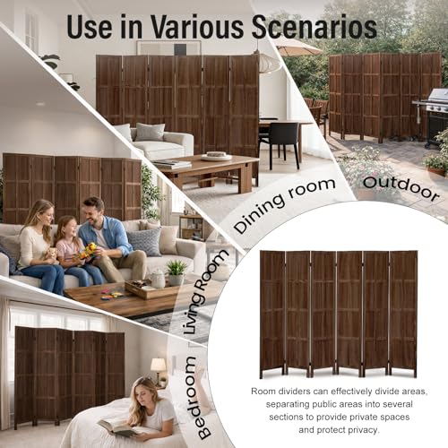 6 Panel Wood Room Divider and Folding Privacy Screen 67″, Brown | Solid Paulownia Wood Room Partition with 360° Hinges, Freestanding Wall Divider for Room Separation, Home, Bedroom, Office - color: 6 Panels Brown, size: 6 Panels