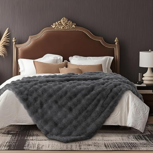 Faux Fur Throw Blanket, Ultra Soft Fuzzy Plush Bubble Blanket for Couch, Bed & Living Room, 60"x80", Cationic Wolf Gray - color: Heather Grey, size: 60" x 80"