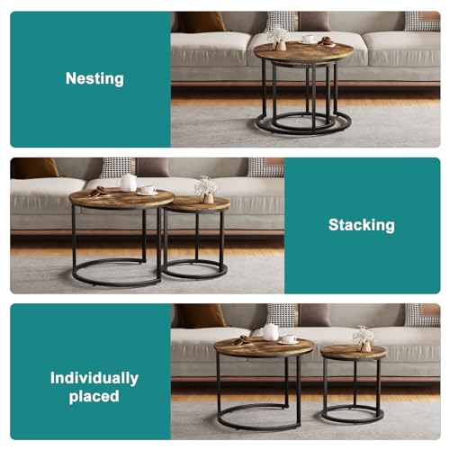 Smuxee Nesting Coffee Table Set of 2, 23.6" Round Coffee Table Rustic Wood Top with Adjustable Non-Slip Feet, Industrial End Table Side Tables for Living Room Bedroom Balcony Yard - color: Rustic Brown, size: 23.6"W