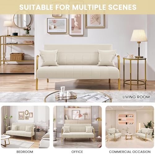 Yaheetech 56.5" Smal Sofa 2 Seater Couch with Gold-Tone Legs, Beige | Small Sofa Loveseat Velve 2 Seater Couch with Tufted Back Gold Metal Frame 2 Pillows for Office, Studio,Living Room - color: Beige, size: 56.5" W