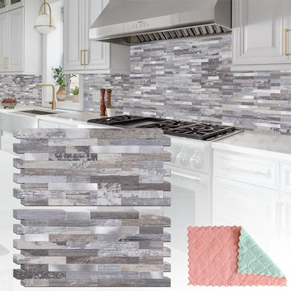 StyloVue 20 Sheets Peel and Stick Backsplash, Distressed Wood with Metal Silver Self Adhesive Wall Tiles Upgrade Your Kitchen Backsplash, RV, Fireplace - color: Distressed Wood With Metal Silver