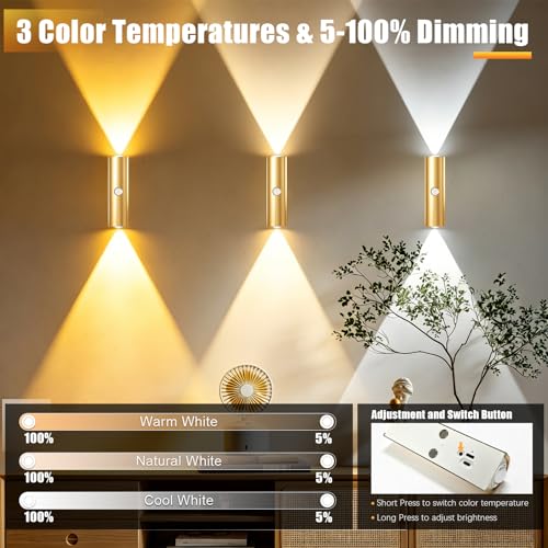 2 Pack Motion Sensor Wall Light, Rechargeable Wall Sconces | Wall Sconces Battery Operated with 3 Colors & Dimmable, Magnetic Wireless Wall Sconces for Stair Bedroom Hallway (Gold) - color: Glod