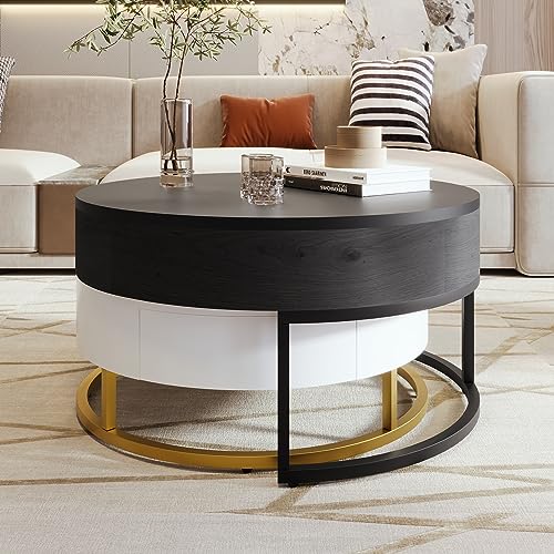 Modern Round Lift-top Nesting Coffee Tables with 2 Drawers for Living Room White & Black - color: White+black