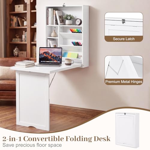 Casart Multi-Function Computer Desk, Wall Mounted Fold Out Table | Convertible Writing Workstation with Built-in Storage Shelves; Space Saving Furniture for Home Salon Office Nail Art Station