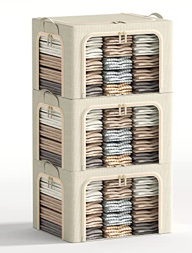 3 Openings Large Clothes Storage Bins with Metal Frame, Foldable Storage Bin for Clothes,Clothing Storage Bins with Lid, Linen Storage Box With Clear Window＆ Zippers＆ Durable Handles.(3 Pcs,Beige,66L) - color: Beige, size: Large-(19.7 x 15.7 x 13)inches