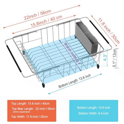 Expandable Multifunctional Dish Drying Rack, Over The Sink, in Sink Or On Counter Dish Drainer Basket Organizer Shelf with Removable Grey Utensil Silverware Holder, Rustproof Stainless Steel - color: Gray