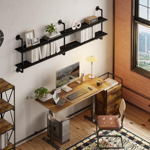 HDDFER Floating Shelves Wall Bookshelf Industrial Pipe Shelving Shelves Real Wood Planks 70 inch Rustic Wall Shelves Hanging Bookshelves Farmhouse Kitchen Bar Shelving - color: Black, size: 2Tier70in