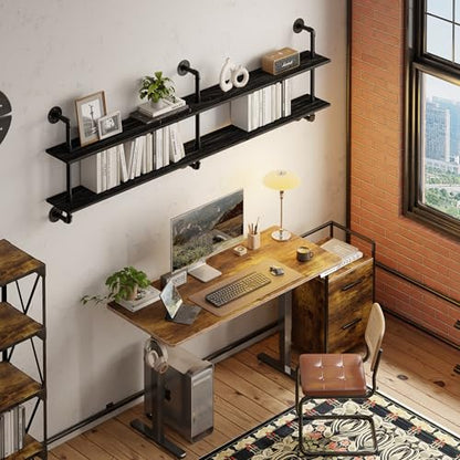 HDDFER Floating Shelves Wall Bookshelf Industrial Pipe Shelving Shelves Real Wood Planks 70 inch Rustic Wall Shelves Hanging Bookshelves Farmhouse Kitchen Bar Shelving - color: Black, size: 2Tier70in