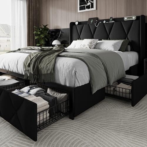 Einhomn Full Size Bed Frame with 4 Storage Drawers and Charging Station, Upholstered Platform Bed Frame with Storage Headboard, No Box Spring Needed, Easy Assembly, Black - color: Black, size: Full