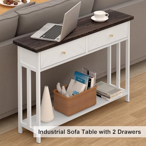 42" Solid Wood Console Table with 2 Fabric Drawers, Entryway Table with Storage Shelves, Sofa Table for Entryway, Hallway, Living Room, Kitchen or Behind Couch in Foyer, White - color: White