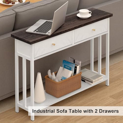 42" Solid Wood Console Table with 2 Fabric Drawers, Entryway Table with Storage Shelves, Sofa Table for Entryway, Hallway, Living Room, Kitchen or Behind Couch in Foyer, White - color: White