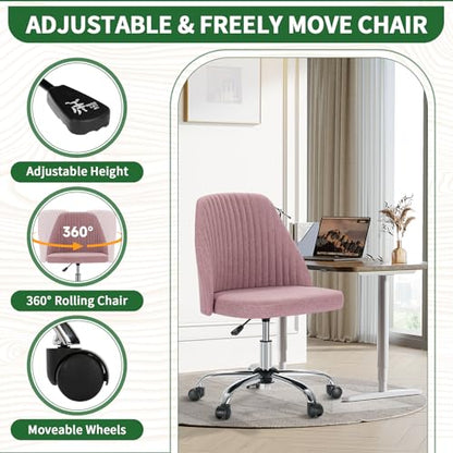 Armless Desk Chair with Comfortable Fabric Cover,Modern Home Office Chairs with Swivel Wheels for Computer Task Chairs Cute Vanity Chairs Adjustable Height for Living Room,Bed Room,Conference Office - color: Pink