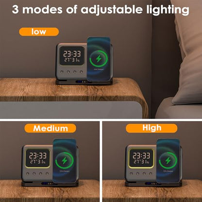IHAO 5in1 Multi Functional Wireless Charger with Digital Clock 15W Fast Charge Night Light Temperature Display MagSafe Compliant for iPhone iWatch and Qi Headphone-DH13 Black - color: 5IN1 MagSafe Compliant DH13 Black