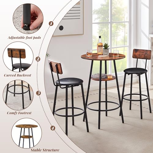 23.62” Diameter Round Bar Table Set for 2 with Storage Shelf, Counter Height Pub Table and Upholstered Bar Stools with Backrest, Small Round Kitchen Table for Small Spaces, Breakfast Nook Dining Table - color: Rustic Brown, style: Round w/ Upholstered Sto