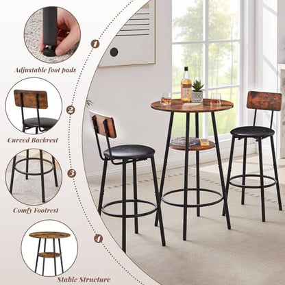 23.62” Diameter Round Bar Table Set for 2 with Storage Shelf, Counter Height Pub Table and Upholstered Bar Stools with Backrest, Small Round Kitchen Table for Small Spaces, Breakfast Nook Dining Table - color: Rustic Brown, style: Round w/ Upholstered Sto