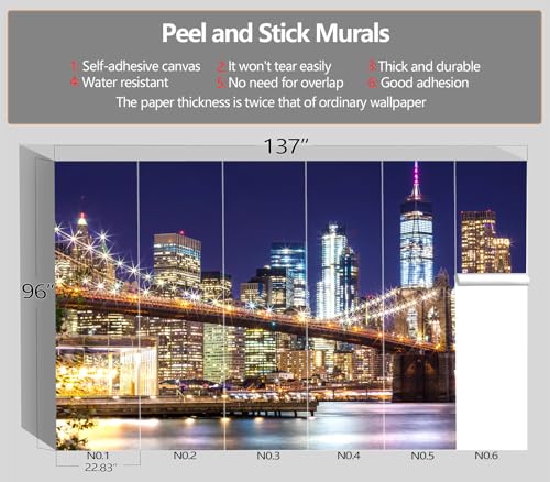 XMPMBM-Peel and Stick City Wallpaper new york City Night View wall Mural | Thick and tear-resistant,Will not be damaged during repositioning,Brooklyn Bridge at Night Bedroom wallpaper.L-137"X96" - color: M02, size: 137"x96"