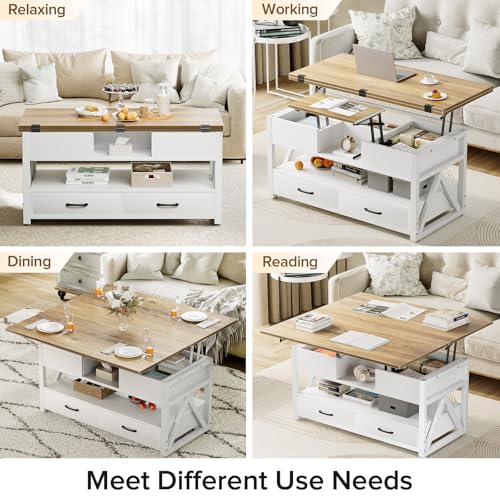 40" Lift Top Coffee Table with Storage,White | 4 in 1 Multi-Function Lifting top Coffee Tables with Storage Drawers and Hidden Compartmen,for Living Room - color: White+brown