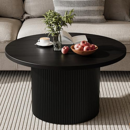 MAISONARIA Black Round Coffee Table with Metal Frame, 35.4" Coffee Tables for Living Room, Circle Wood Accent Center Table for Apartment - color: Black