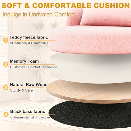 Misolant Vanity Chair with Back, Armless Cute Office Chair with Wheels for Girls, Teddy Fleece Fabric Small Desk Chairs with Adjustable Height, Lumbar Support Pillow, 360°Swivel for Makeup Room, Pink - color: Pink