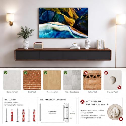 Floating TV Stand, Modern Wall-Mounted Entertainment Center with 1 Flip-Down Cabinet Doors 2 Drawers, Solid Wood Media Console (Walnut/Black, 63") - color: Walnut Black, size: 63"