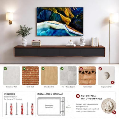 Floating TV Stand, Modern Wall-Mounted Entertainment Center with 2 Flip-Down Cabinet Doors 2 Drawers, Solid Wood Media Console (Walnut/Black, 94.5") - color: Walnut Black, size: 94.5"