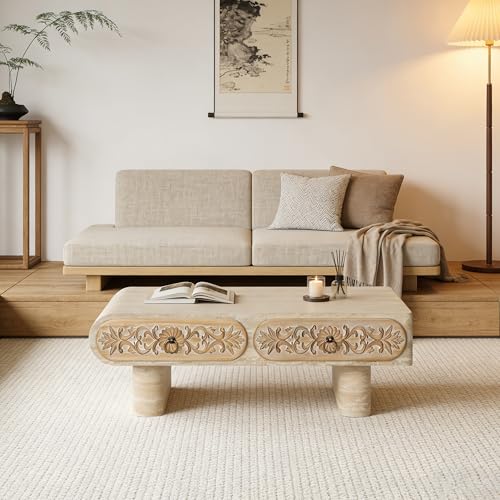 39.4" Rounded Edge Coffee Table with Flower Pattern Solid Wood Drawer for Living Room, Rectangular MDF Wooden Center Table Tea Table for Apartment, Beige - color: 39.4" Rounded Edge Coffee Table With Flower Pattern,beige