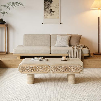 39.4" Rounded Edge Coffee Table with Flower Pattern Solid Wood Drawer for Living Room, Rectangular MDF Wooden Center Table Tea Table for Apartment, Beige - color: 39.4" Rounded Edge Coffee Table With Flower Pattern,beige