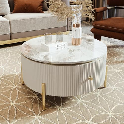 JUSTONE Modern Round White & Gold Coffee Table with Drawers,Drum Coffee Table with Golden Legs Circular Center Table with Marble Pattern Top for Living Room Apartment Office-White - color: 31.5'' - Off White