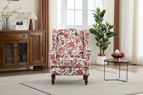 GDFStudio Modern Wingback Accent Chair with Solid Wood Legs and Cushion, Comfy Upholstered Floral Pattern Armchair, Retro Leisure Single Sofa Chair for Living Room Bedroom Home, Bean Paste Red - color: Bean Paste Red