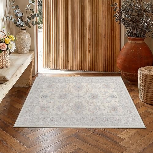 2x3 Cream Blue Neutral Small Area Rug | Washable, Non Slip, Low Pile, Soft, Vintage, Distressed, Floral, Farmhouse, for Entryway Kitchen Bathroom Laundry Room - color: Cream Blue, size: 2' x 3' (Rectangular)