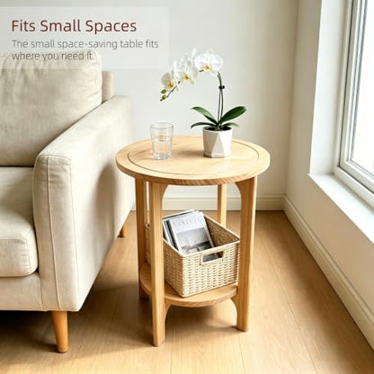 Solid Wood Round Side Table for Living Room, Bedroom | 2-Tier Wooden End Tables, Mid Century Modern Circular Nightstand Bedside Table, Easy Assembly (Natural Wood) - color: Natural Wood