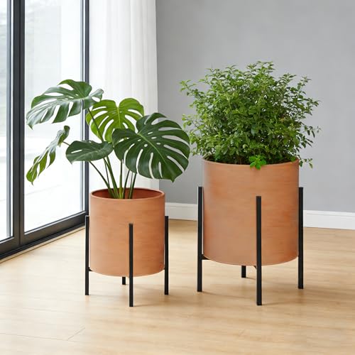 ARNIS Modern Plant Pots, Set of 2 Large Planters with Stand, Decorative Planters, Metal Pots with Drainage Holes for Living Room, Office, Garden or Balcony, 8.25 &10.5 Inch, Terracotta - color: Terracotta, size: 8.25 &10.5