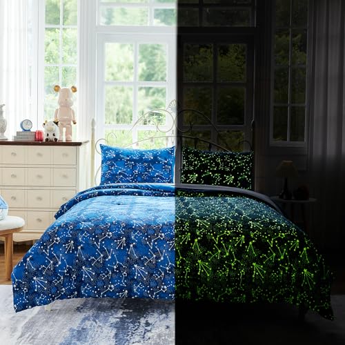 Cokouchyi Twin Comforter Sets for Boys Girls, Glow in The Dark Kids Bedding Sets, 4 Pcs Twin Bed in a Bag with Comforter, Sheets, Pillow Sham, Galaxy - color: Glow-in-the-dark Galaxy 4-piece, size: Twin