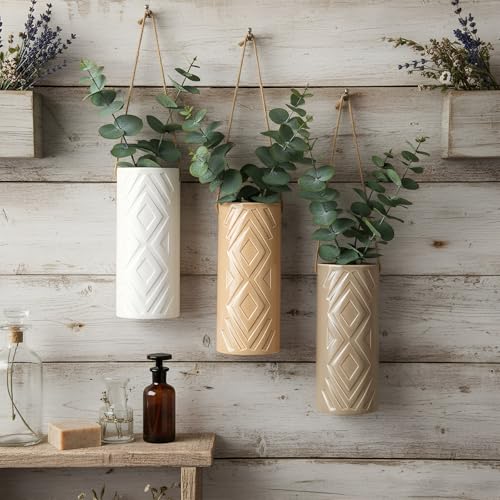 Ceramic Boho Wall Vases Set of 3, 7.9 Inch Modern Hanging Vase for Living Room Bedroom, Farmhouse Art Wall Decor Geometric Minimalist Hanging Flower Vase, Women