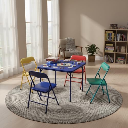 FurnitureR 5-Piece Folding Table and Chair Set, Compact Square Activity Table with 4 Folding Chairs, Sturdy Metal Frame, Flat-Fold Design for Game Room, Crafts, Family Activities